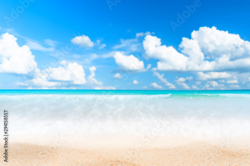 Beautiful tropical beach with blue sky and white clouds abstract texture back...