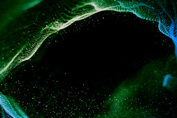 abstract 3d rendering technology plexus green dynamic digital surface on black background,  geometrical shape with green lines particles futuristic background