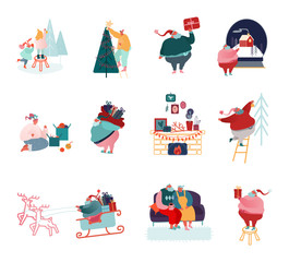 Wall Mural - Set of People Characters Holiday scenes, Winter sports, Snowboarding, Skiing, Outdoor Activities. Santa Claus with presents. Man and Woman shopping gifts, Christmas decoration. Vector illustration