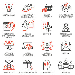 Vector set of linear icons related to business management process, advertising promotion and marketing. Mono line pictograms and infographics design elements - part 6