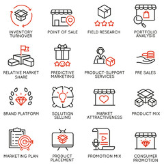 Vector set of linear icons related to business management process, advertising promotion and marketing. Mono line pictograms and infographics design elements - part 7