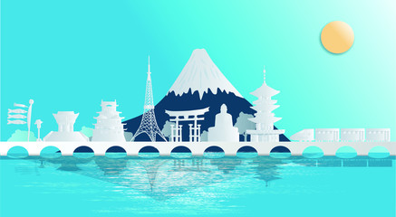 Japan and the world-famous construction site, you can see Mount Fuji in a panorama style. Paper cut style, advertising posters for tourism and travel businesses - vector