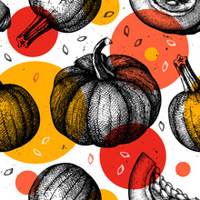 Trendy Seamless Pattern With Hand Drawn Pumpkins. Thanksgiving Creative Design. Autumn Harvest Festival Background With Vector  Pumpkins Sketches And Modern Shapes. Collage.