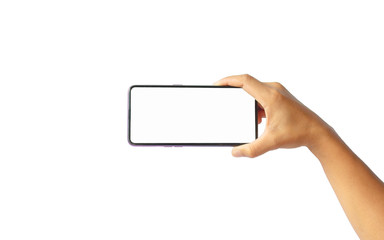 Woman hand holding a mobile phone white screen isolated on white background with clipping path.