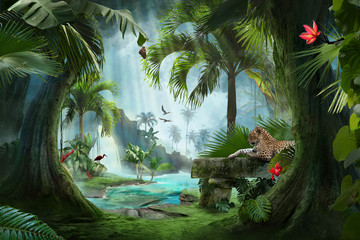 beautiful jungle beach lagoon view with a jaguar, palm trees and tropical leaves, can be used as bac