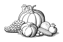 Composition Of Vegetables And Fruits. Pumpkins, Grapes, Corn, Orange, Nuts And Apple. Black And White Vector Illustration In Retro Style