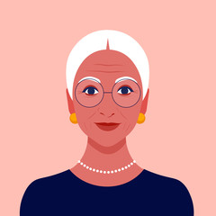 Portrait of an old woman with eyeglasses. Latina granny avatar. Happy face. Vector flat illustration