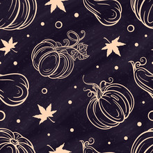 Hand-drown Vector Pumpkins And Maple Leaves Seamless Pattern On A Chalkboard Background.