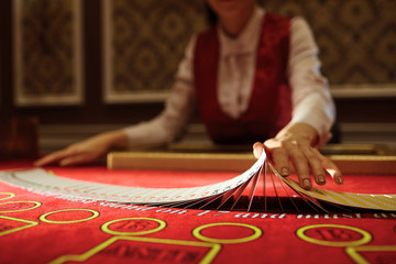 Sticker - The croupier in the casino does a shuffle of cards