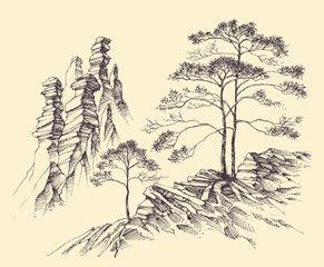 Wall Mural - Mountains slopes and alpine trees landscape. Hand drawn nature background