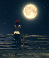 Wall Mural - Alone under the moonlight,Girl standing alone on the wooden bridge at night looking to the moon,3d illustration