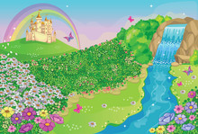 Fairytale Background With Flower Meadow, Castle, Rainbow, Beautiful Waterfall And River. Wonderland. Cartoon Illustration For Children. Vector.