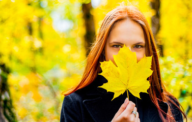 portrait of young teenager redhead girl with long hair with an autumn yellow leaf in the park