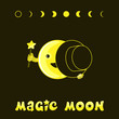 Moon phases, kawaii moon and magic show with magic hat. Cute comic with a waning moon and a waning moon. Vector illustration on a black background.