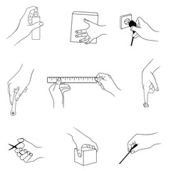 Vector set of outline, various hand actions and gestures, isolated, in black color, on white background.