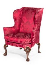 Old Antique Carved Red Upholstered Wing Arm Chair