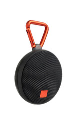 Portable bluetooth speaker isolated no white background, mini black speaker is shape circle with hanger have wireless system concept with clipping path.