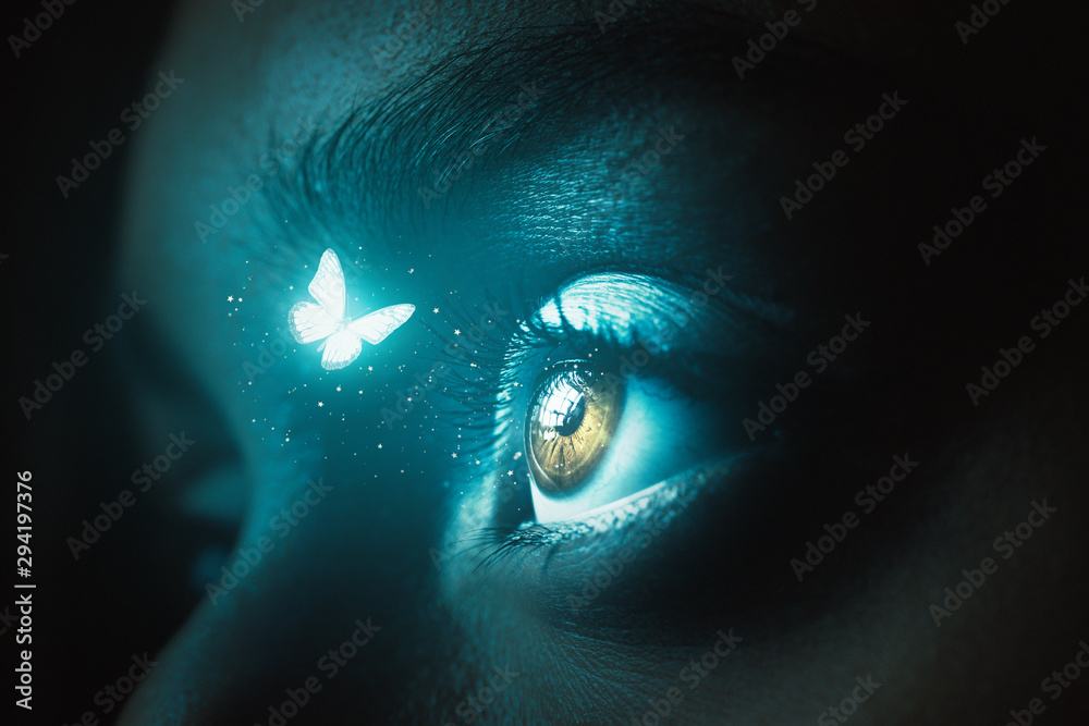 Glowing butterfly night encounter - obrazy, fototapety, plakaty 