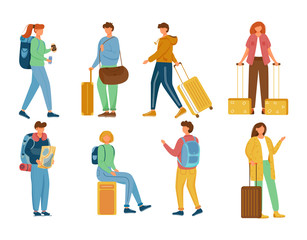 Poster - Travellers flat vector illustrations set. Vacation trip. Holiday journey. Standing, sitting full body caucasian people with backpacks and suitcases. Tourists with luggage isolated cartoon characters