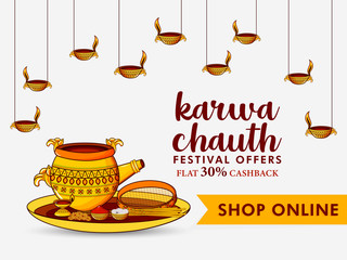 Wall Mural - Creative vector illustration on sale poster or banner with decorated pooja thali for indian festival of karwa chauth celebration. festival for indian married couples.