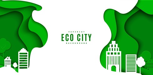 Wall Mural - Abstract green flyer in cut paper style. Cutout white trees and building wave template for save the Earth posters, city ecology brochures, ienvironmental Protection .Vector horizontal illustration