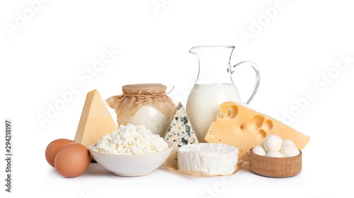 Cuadros en Lienzo Set of different dairy products isolated on white