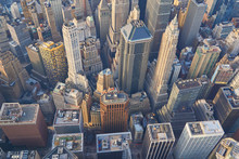 Aerial Top Down View On Lower Manhattan Financial District Skyscrapers In New York                 