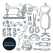 Sewing Tools And Tailor Equipment Set. Vector Sketch Illustration. Craft And Handmade Sew Needlework Design Elements