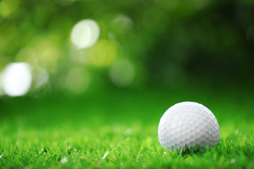 Wall Mural - Golf ball on green grass against blurred background