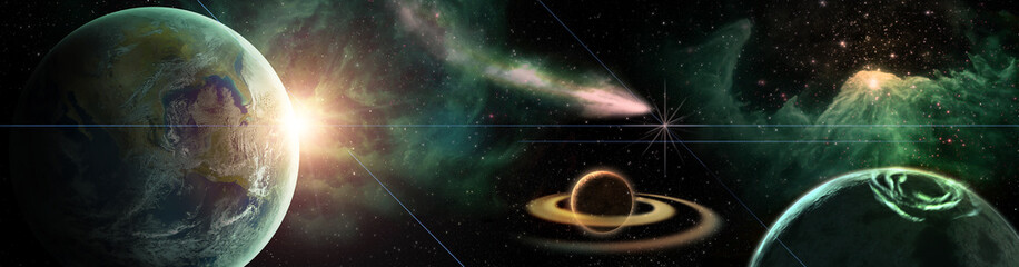 Wall Mural - colofrul Space scene with planets, stars and galaxies. Panorama Horizontal view