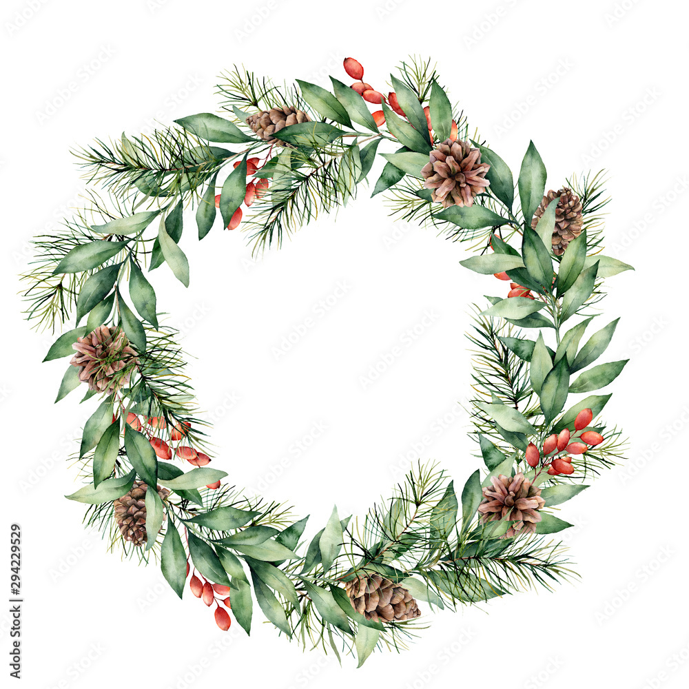 Watercolor Christmas wreath with berries, pine cones and tree branches ...