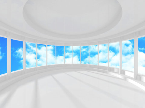 Futuristic White Architecture Design on Cloudy Sky Background