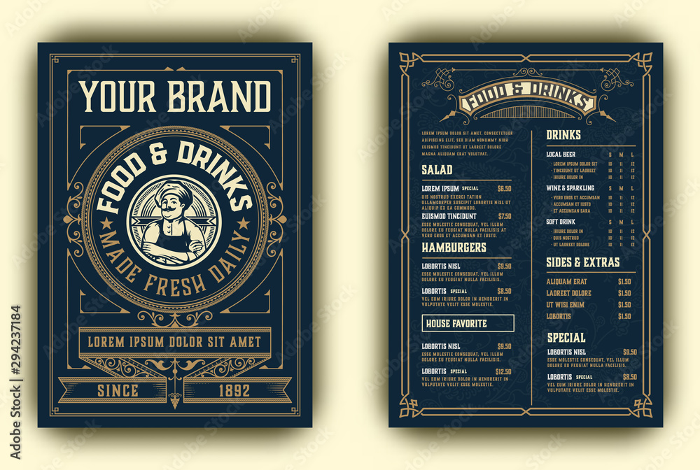 Vintage template for  restaurant menu design with Chef illustration. Vector layered. - obrazy, fototapety, plakaty 