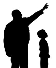Father Is Showing Something Up To His Amazed Son. Man Is Pointing At Something Upwards By Hand Gesture. Little Child Is Looking With Wow Face. 