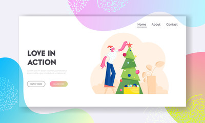 Wall Mural - Merry Christmas and Happy Holidays Website Landing Page. Man Wearing Santa Claus Hat Decorate Christmas Tree at Morning Before Xmas or New Eve Year Web Page Banner. Cartoon Flat Vector Illustration