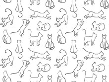 Cats Hand Drawn In Line Art Style. Seamless Pattern. Black And White Pattern