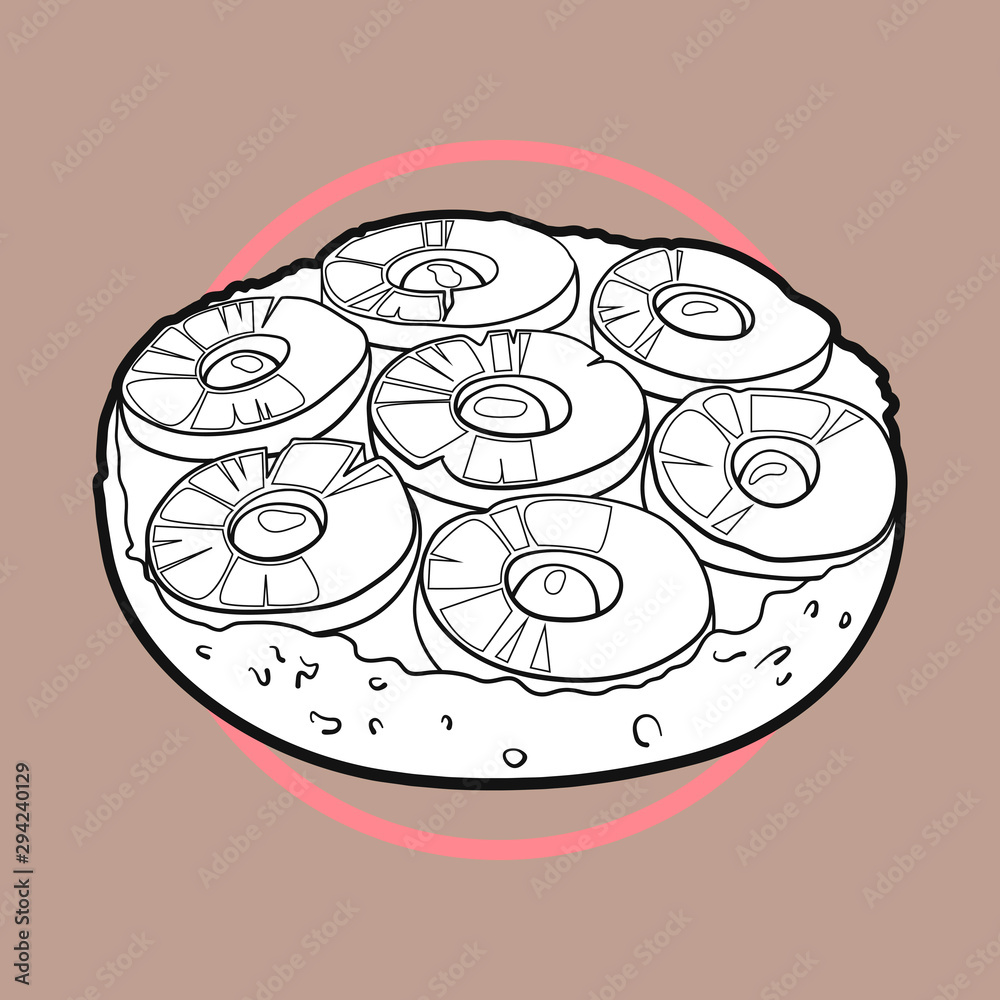 Hand-drawn black and white illustration of upside down cake on a beige ...