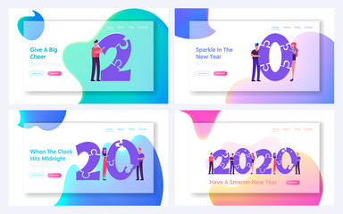 Poster - New Year 2020 Celebration Website Landing Page Set. Tiny Business People Characters Holding Huge Numbers in Hands. Christmas Corporate Party, Team Work Web Page Banner Cartoon Flat Vector Illustration