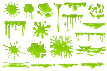 green cartoon slime. goo blob splashes, sticky dripping mucus. slimy drops, messy borders for hallow