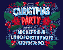 Christmas Font. Holiday Typography Alphabet With Festive Illustrations And Season Wishes.