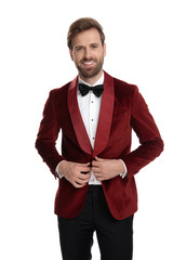 Canvas Print - happy young fashion model wearing red velvet tuxedo