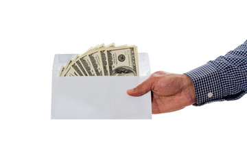 Wall Mural - Man's hand holding full envelope of money isolated on white background