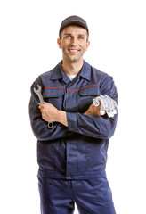 Wall Mural - Male car mechanic on white background
