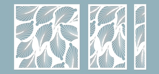 Wall Mural - Set, panel for registration of the decorative surfaces. Abstract feathers, leaves, lines panels. Vector illustration of a laser cutting. Plotter cutting and screen printing.