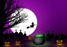 Scary Halloween Template. Full Moon In The Purple Sky With Flying Witch Silhouette. Lighting Pumpkins In Front Of Cemetery, Black Tree Beside Him. Cauldron With Green Bubbling Poison. Space For Copy.
