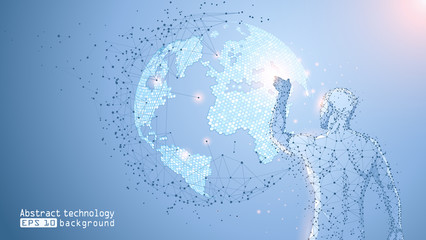 Poster - blue abstract vector background. low poly wireframe contour of a man. man touches planet earth. a gr