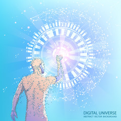 Poster - blue futuristic background. vector. human contour. the touch of a human hand on the electronic displ