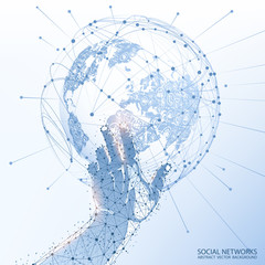 Poster - light blue abstract background. vector. a low poly human hand touches the planet earth. future. soci