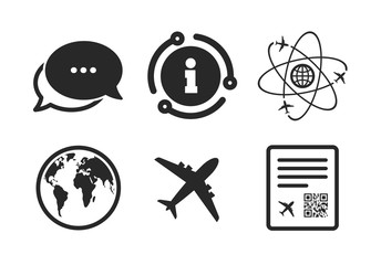 Poster - World globe symbol. Chat, info sign. Airplane icons. Boarding pass flight sign. Airport ticket with QR code. Classic style speech bubble icon. Vector