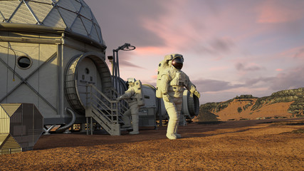 Wall Mural - mars station with astronauts, research habitat on the surface of the red planet